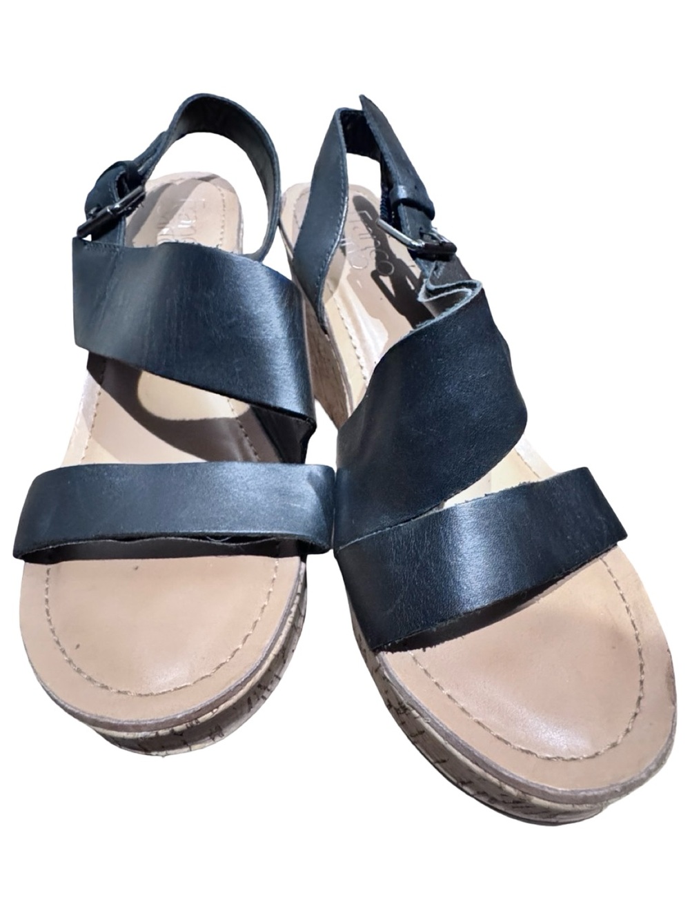 Franco Sarto Black Leather Twist-Strap Wedge Sandals